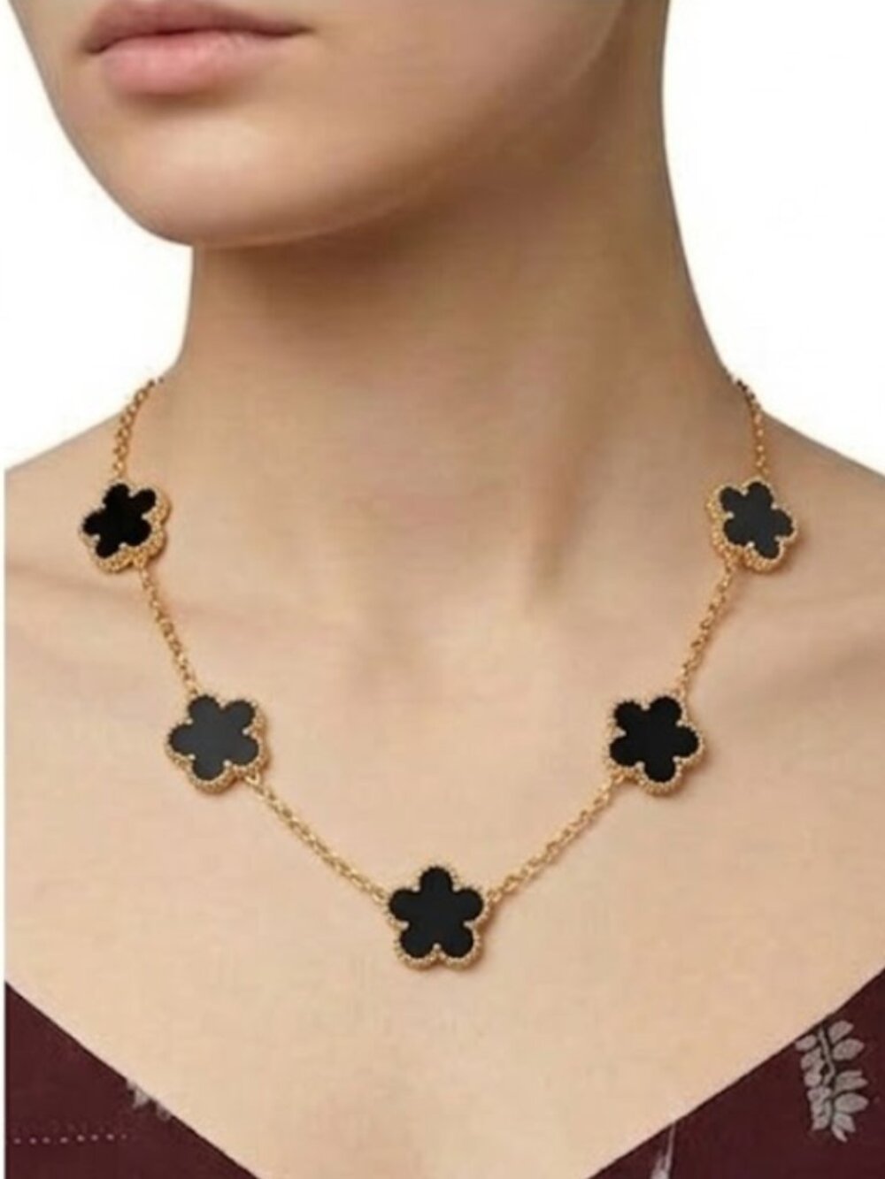 18K Gold Plated Sterling Silver 3-Motif Onix Black Flower Necklace